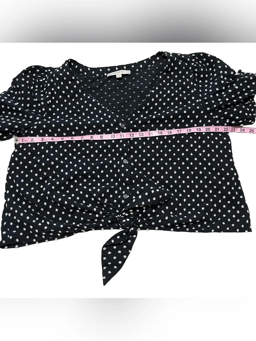 LOFT Black and Cream Cotton Tie-Front Blouse